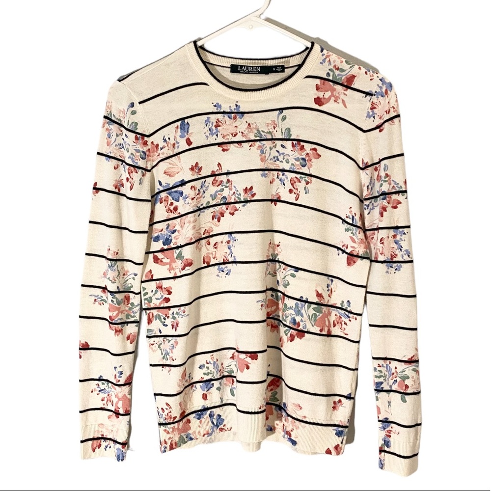 Lauren Ralph Lauren Sweater Pull Over Crew Neck Cream Stripes & Floral Detail